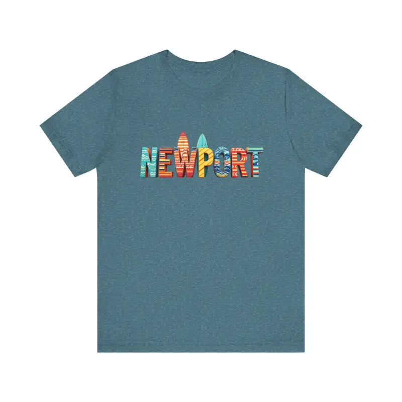 Teal t-shirt featuring Newport graphic in a surfing inspired unisex design