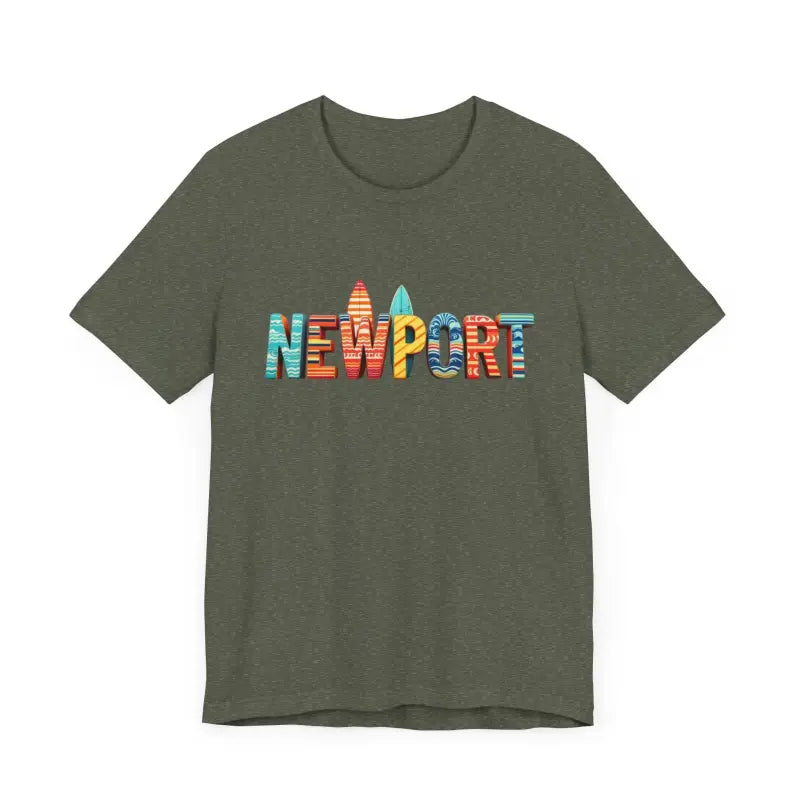 Olive green t-shirt featuring vibrant Newport text, perfect for surfing enthusiasts