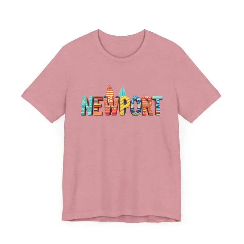 Pink T-shirt with vibrant Newport design from the Newport Surfing Inspired Unisex Jersey Tee