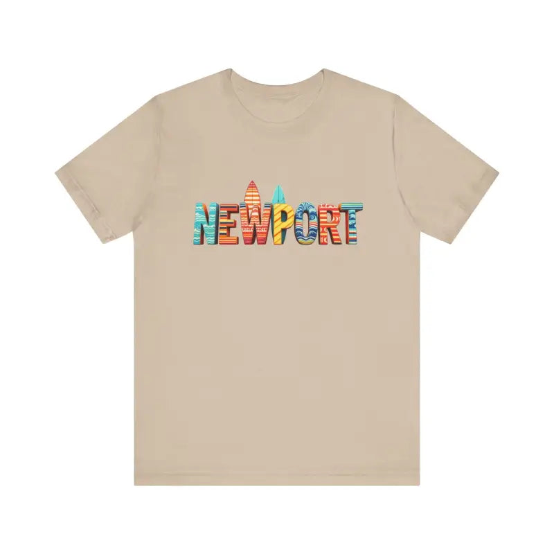 Beige t-shirt featuring vibrant Newport text, ideal for surfing enthusiasts