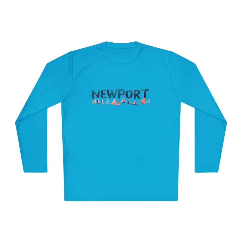 Blue long-sleeved Newport unisex tee featuring sailboat graphics and text