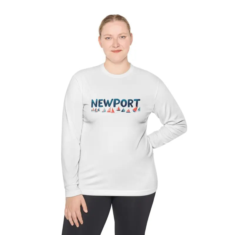White long-sleeved shirt in Newport Unisex Lightweight Long Sleeve Tee design