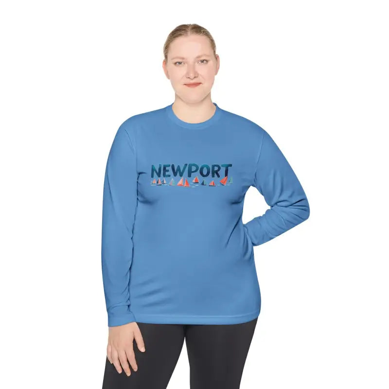 Blue long-sleeved Newport unisex lightweight tee showcasing stylish text design