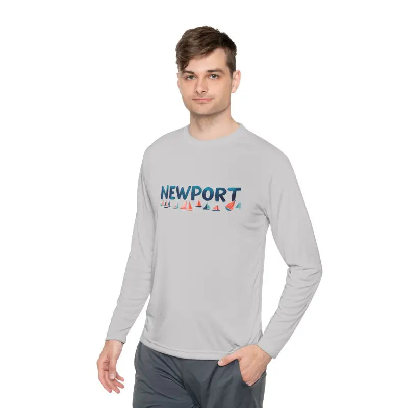 Long-sleeved Newport Unisex Lightweight Tee showcasing stylish text design