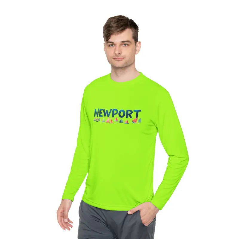 Lime green Newport Unisex Lightweight Long Sleeve Tee displayed on a hanger