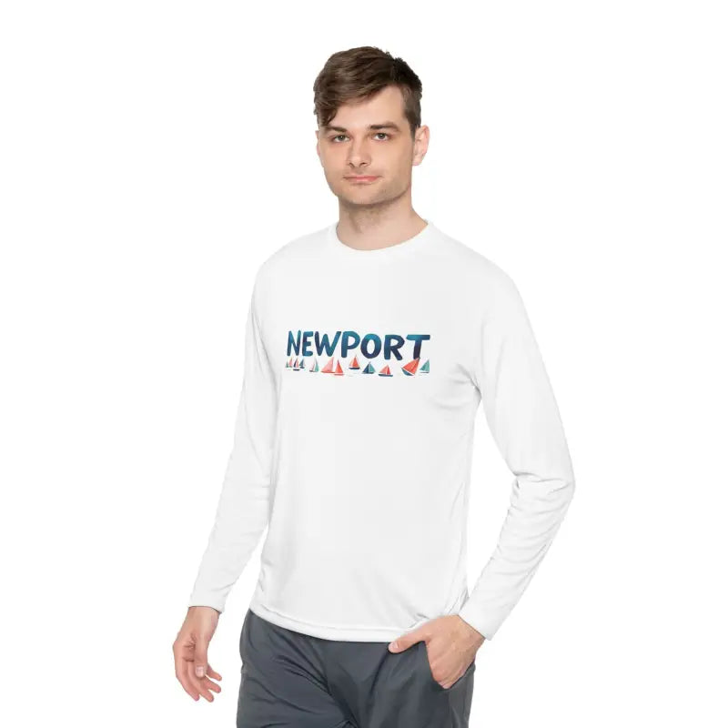 White long-sleeved Newport Tee featuring sailboat design for unisex style
