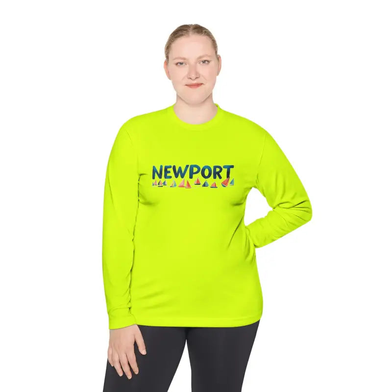 Neon yellow long-sleeved Newport Unisex Lightweight Long Sleeve Tee displayed