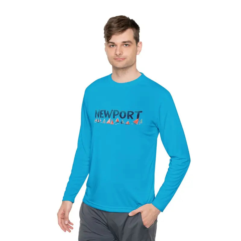 Blue long-sleeved Newport Unisex Lightweight Long Sleeve Tee displayed for sale