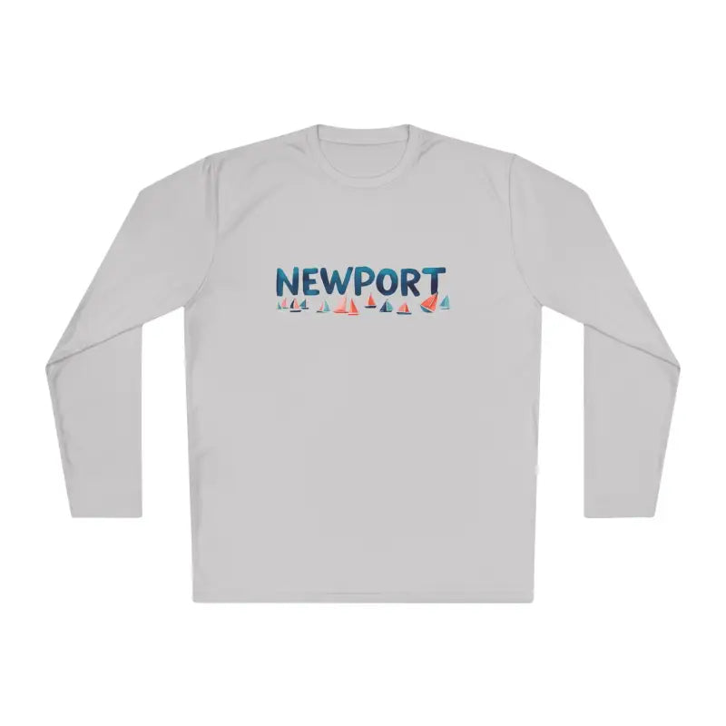 Long-sleeved gray Newport Unisex Lightweight Long Sleeve Tee displayed on a model