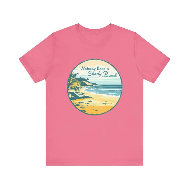 Pink t-shirt featuring beach graphic from Nobody Likes a Shady Beach Unisex Tee