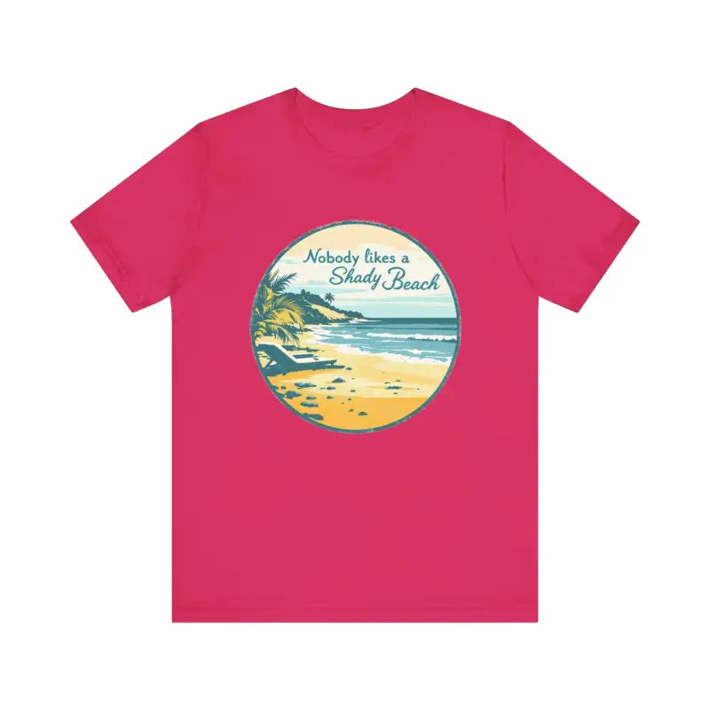 Pink t-shirt featuring a beach graphic from Nobody Likes a Shady Beach Unisex Tee