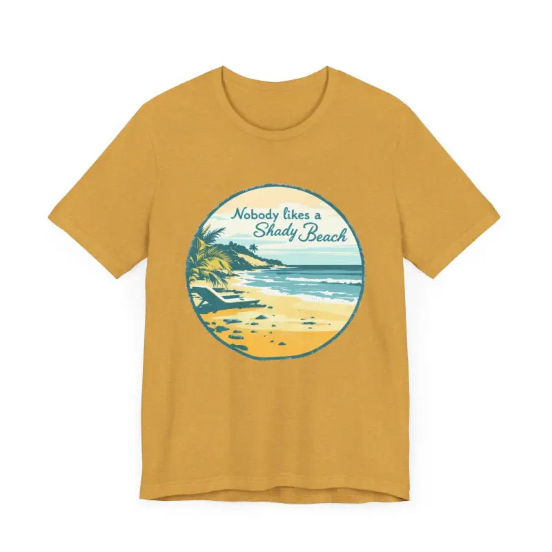 Mustard-colored t-shirt featuring beach graphic from Nobody Likes a Shady Beach Tee