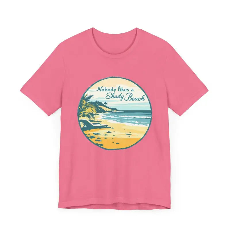 Pink t-shirt featuring beach graphic from Nobody Likes a Shady Beach Unisex Tee