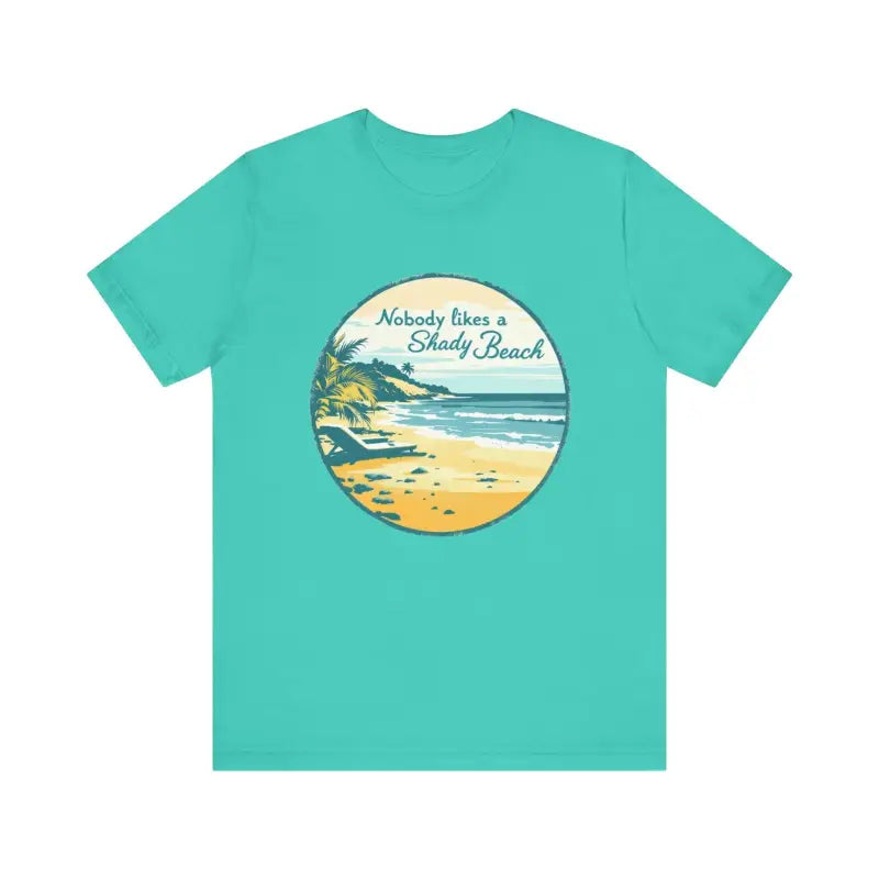 Turquoise t-shirt featuring beach graphic from Nobody Likes a Shady Beach Unisex Tee