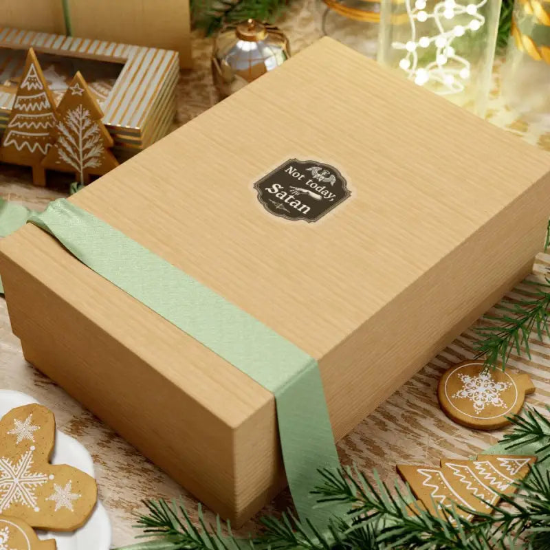 Wrapped gift box alongside Not Today Satan Black Gold Religious Decorative Sign