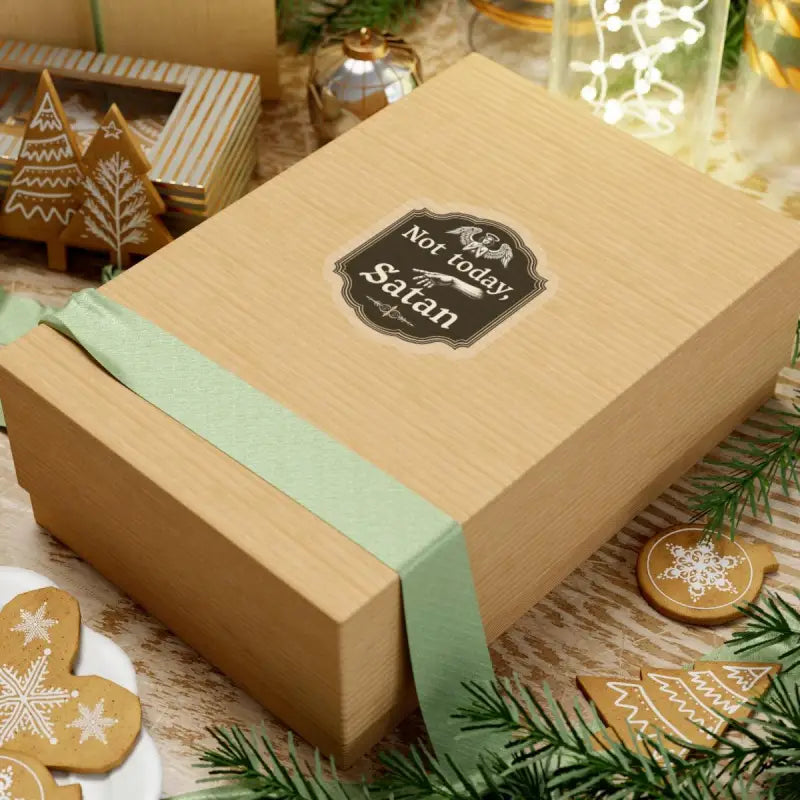 Gift box with ribbon next to Not Today Satan Black Gold Religious Decorative Sign