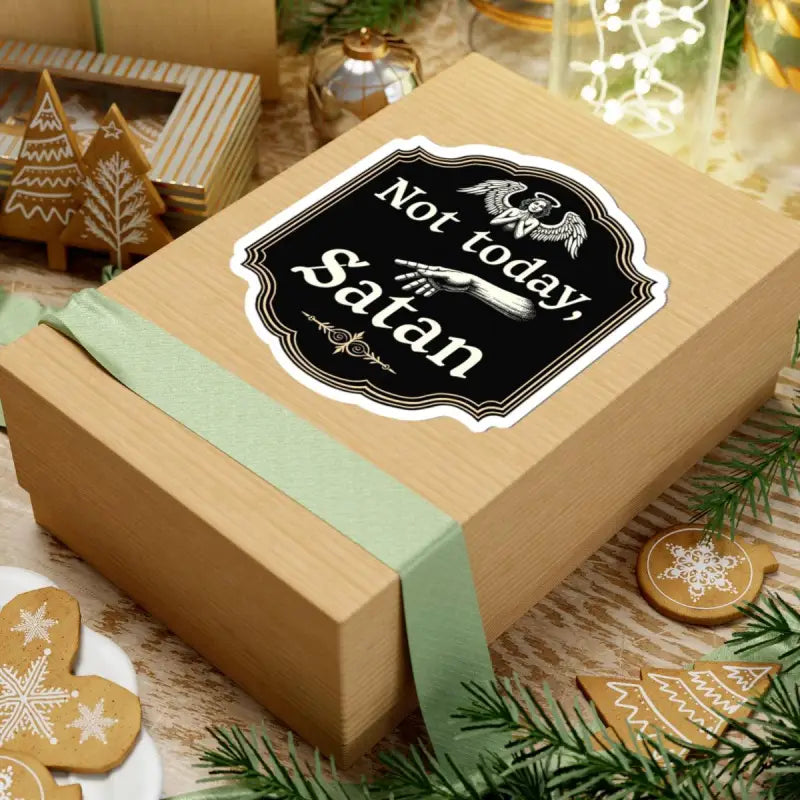 Gift box featuring Not Today Satan sticker for Black Gold Religious Decorative Sign