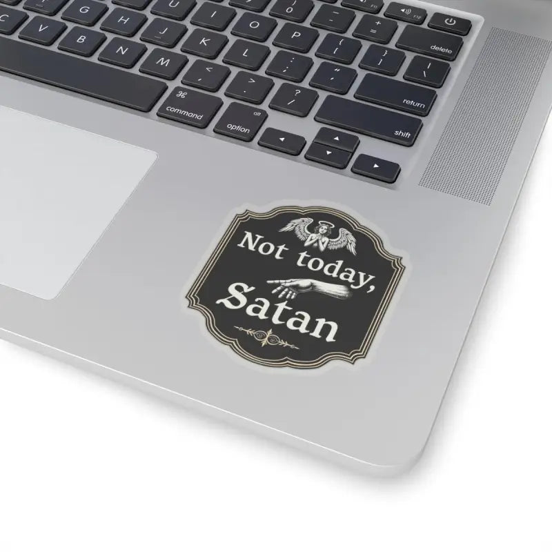 Laptop sticker featuring a religious message from Not Today Satan Black Gold sign