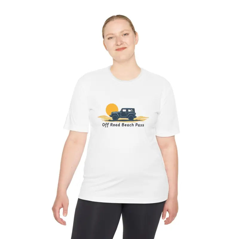 White Off Road Beach Pass Moisture Wicking T Shirt featuring off-road vehicle graphic