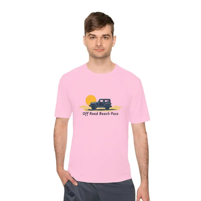 Pink t-shirt featuring off-road vehicle design from Off Road Beach Pass collection