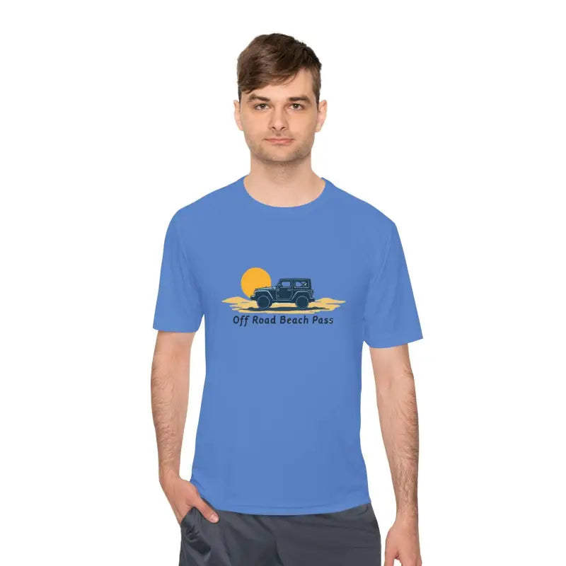 Blue t-shirt featuring off-road vehicle graphic, ideal for active beachwear