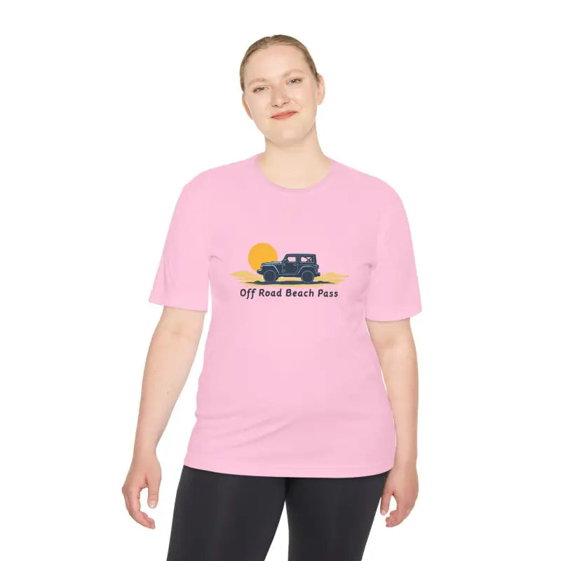 Pink Off Road Beach Pass Moisture Wicking T-Shirt with off-road vehicle graphic