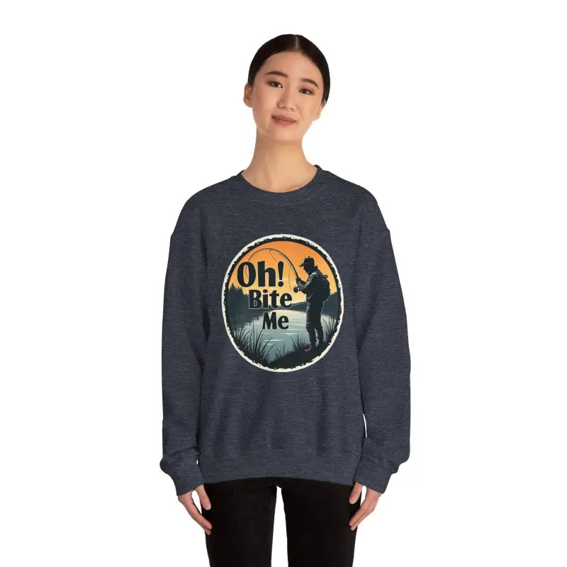 Oh Bite Me Fishing Crewneck Sweatshirt featuring a comfortable design for fishing enthusiasts