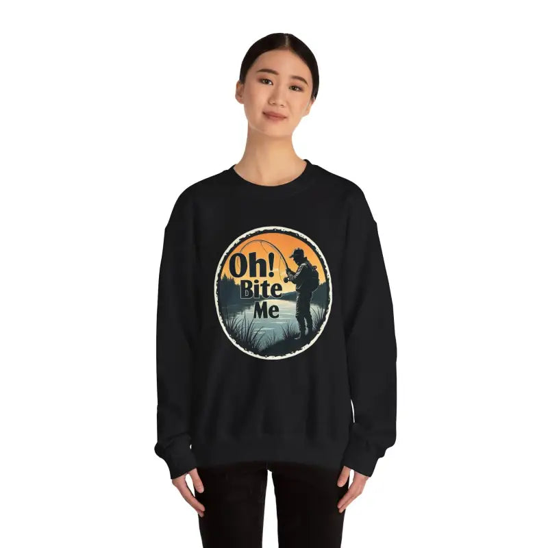 Black sweatshirt featuring a fishing graphic from the Oh Bite Me Fishing Crewneck collection