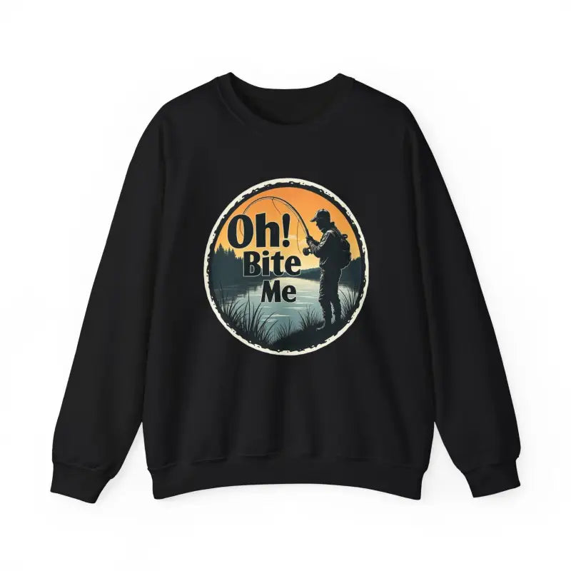 Black sweatshirt featuring a fishing graphic from the Oh Bite Me Fishing Crewneck Sweatshirt