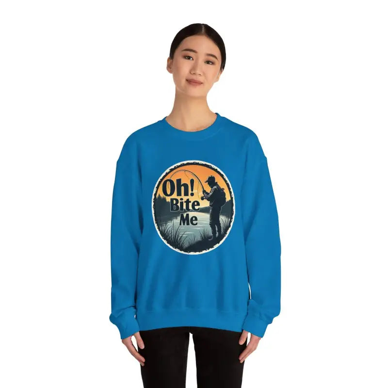 Blue sweatshirt featuring a fishing graphic for the Oh Bite Me Fishing Crewneck Sweatshirt