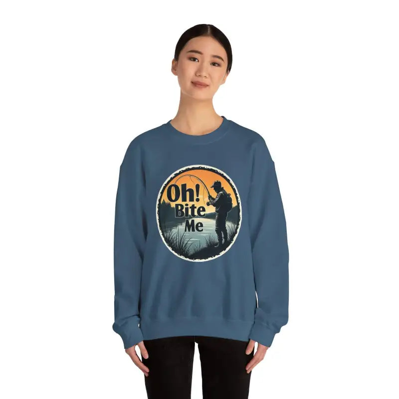 Blue crewneck sweatshirt featuring Oh Bite Me Fishing design for casual wear