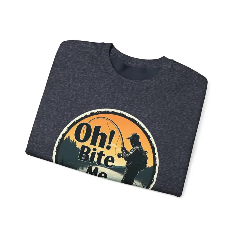 Folded graphic t-shirt showcasing Oh Bite Me Fishing Crewneck Sweatshirt design