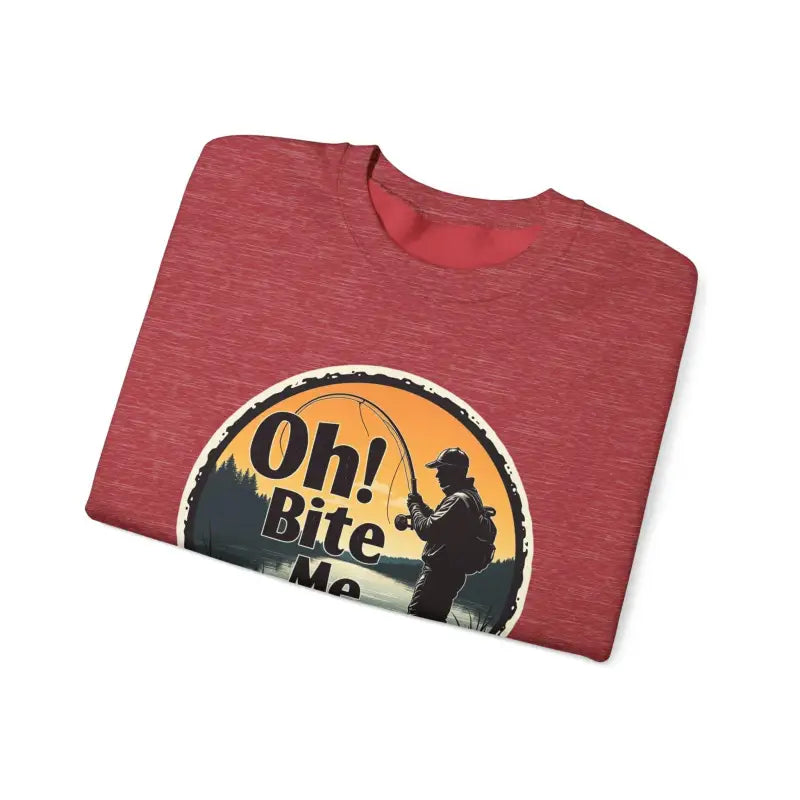 Folded red t-shirt with fishing graphic for Oh Bite Me Fishing Crewneck Sweatshirt