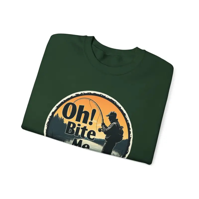 Folded green t-shirt featuring fishing graphic from Oh Bite Me Fishing Crewneck Sweatshirt