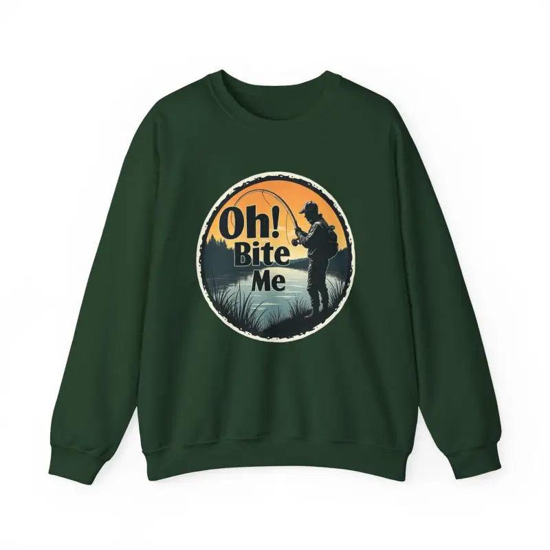 Green sweatshirt featuring a fishing graphic from Oh Bite Me Fishing Crewneck Sweatshirt
