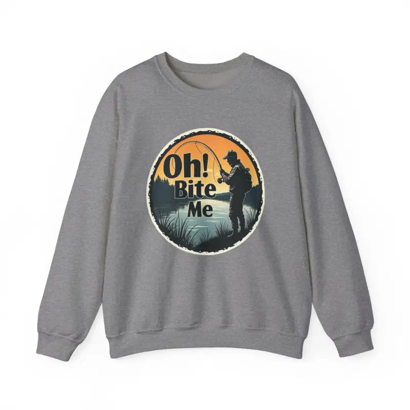 Gray sweatshirt featuring a fishing graphic from Oh Bite Me Fishing Crewneck Sweatshirt