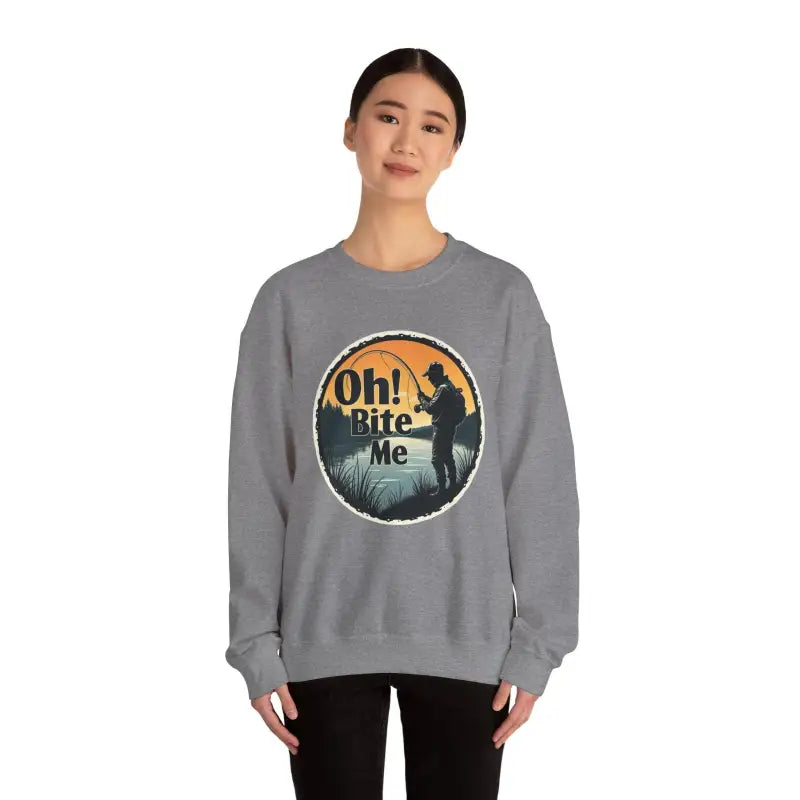 Gray sweatshirt featuring a fishing graphic, titled Oh Bite Me Fishing Crewneck Sweatshirt