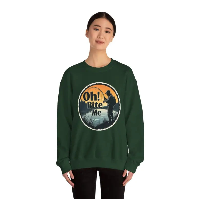 Green Oh Bite Me Fishing Crewneck Sweatshirt featuring a fishing graphic design