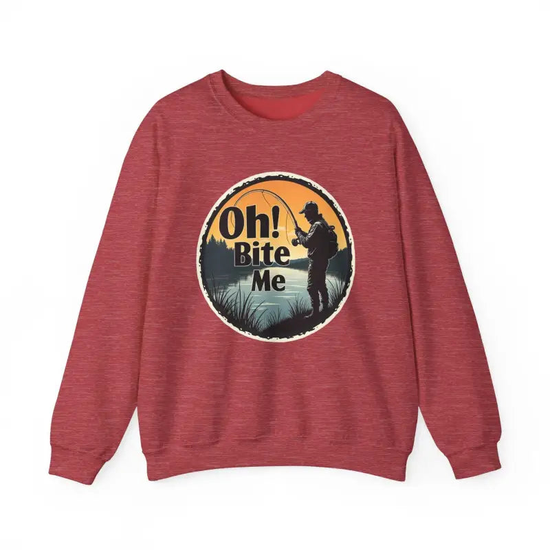Maroon crewneck sweatshirt featuring Oh Bite Me Fishing design for casual wear