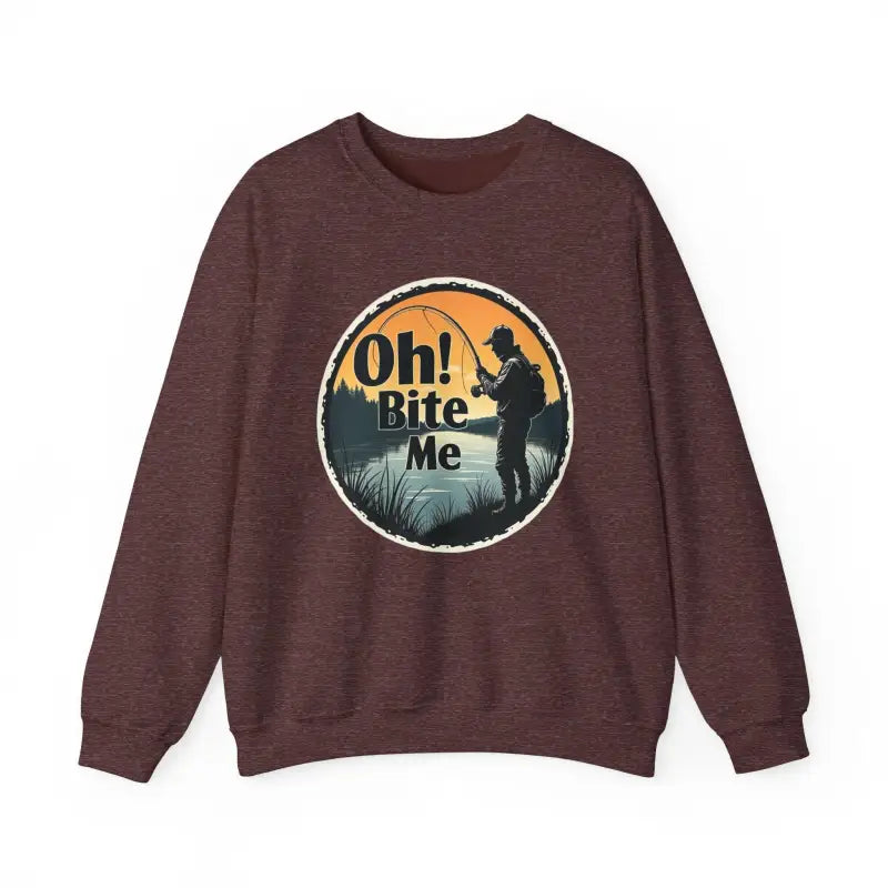 Maroon Oh Bite Me Fishing Crewneck Sweatshirt featuring a fishing graphic design
