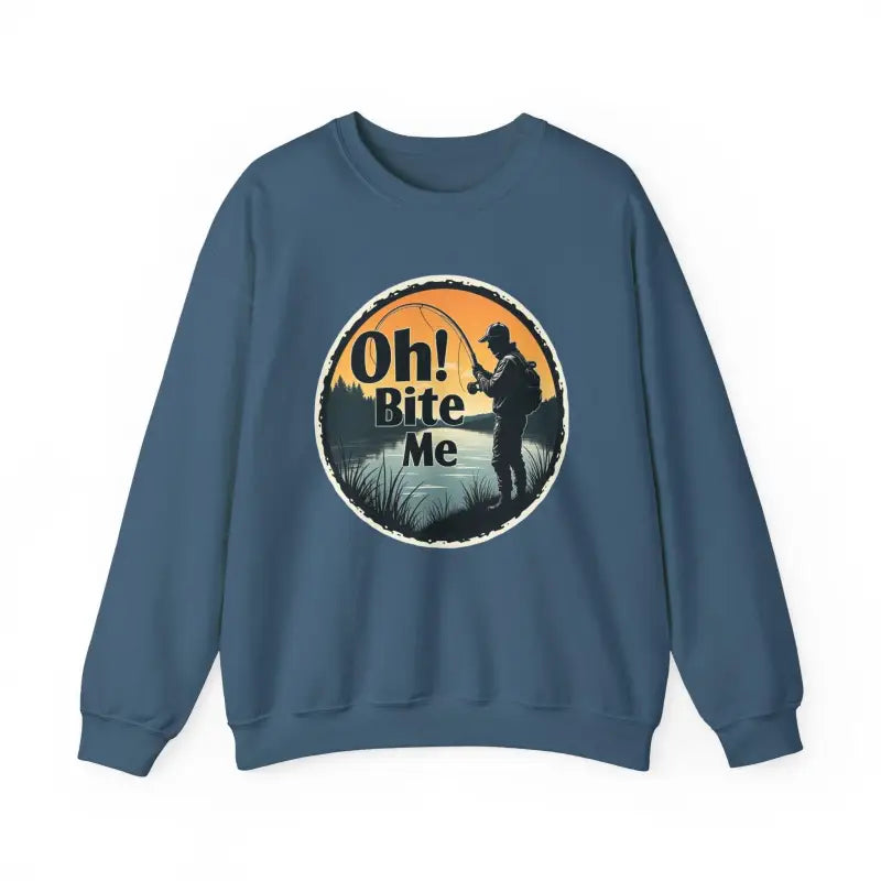 Blue Oh Bite Me Fishing Crewneck Sweatshirt featuring a fishing graphic design