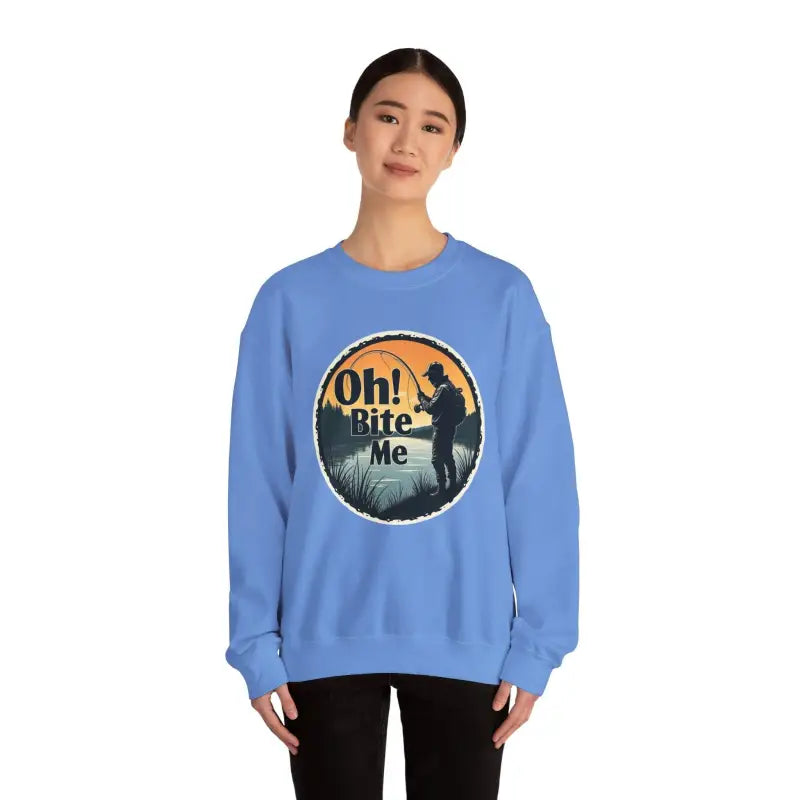 Light blue Oh Bite Me Fishing Crewneck Sweatshirt featuring a playful fishing graphic