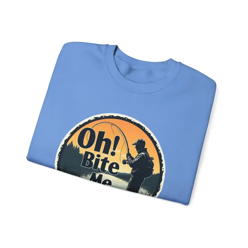 Light blue t-shirt featuring fishing graphic from Oh Bite Me Fishing Crewneck Sweatshirt
