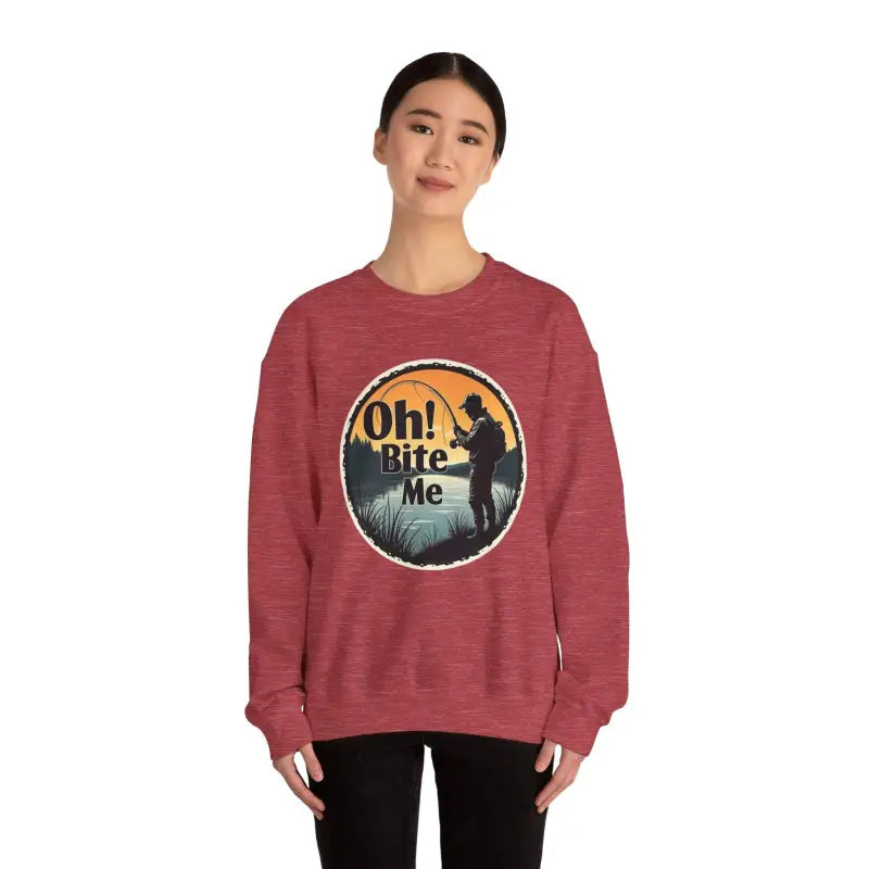 Maroon Oh Bite Me Fishing Crewneck Sweatshirt with a fishing graphic design