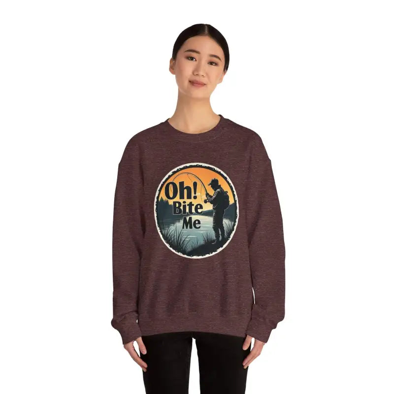 Maroon crewneck sweatshirt for Oh Bite Me Fishing with a stylish design