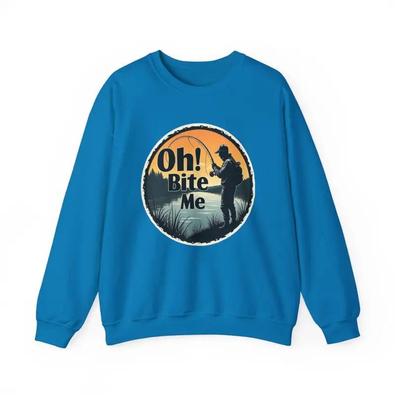 Blue sweatshirt featuring a fishing graphic from Oh Bite Me Fishing Crewneck Sweatshirt