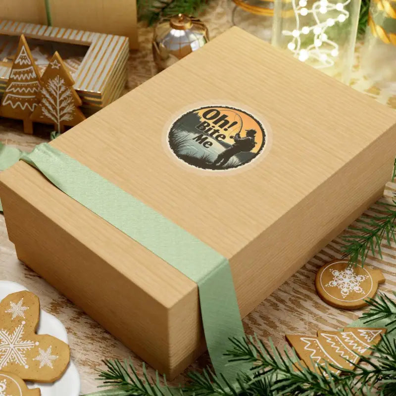 Gift box with Oh Bite Me Fishing Sticker Durable Vinyl Decal displayed creatively