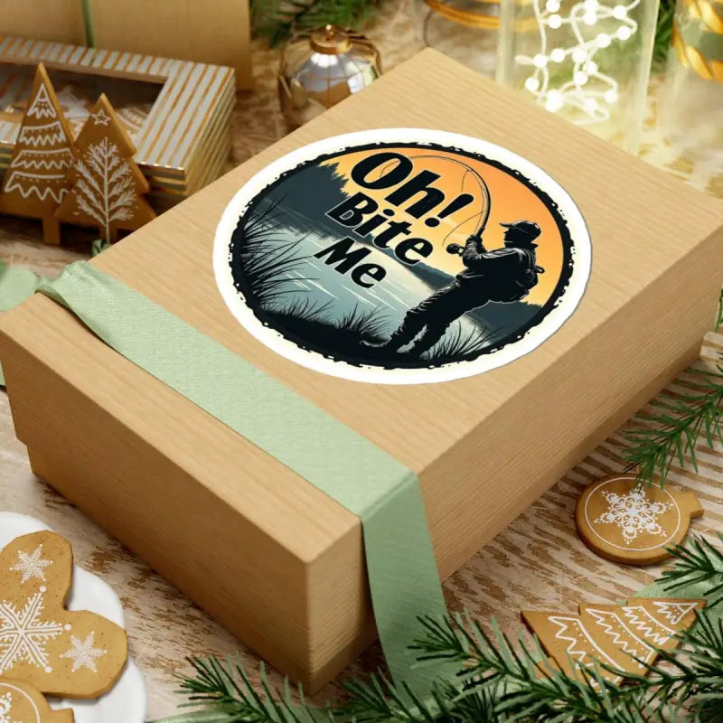 Gift box featuring Oh Bite Me Fishing Sticker Durable Vinyl Decal for fishing enthusiasts