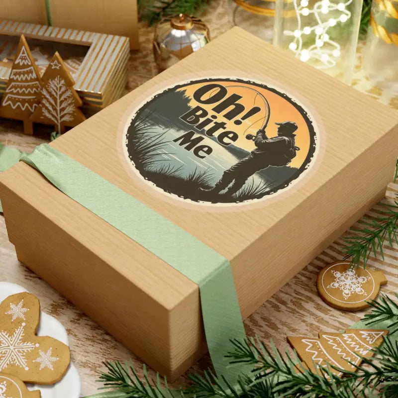 Gift box featuring Oh Bite Me Fishing Sticker durable vinyl decal design