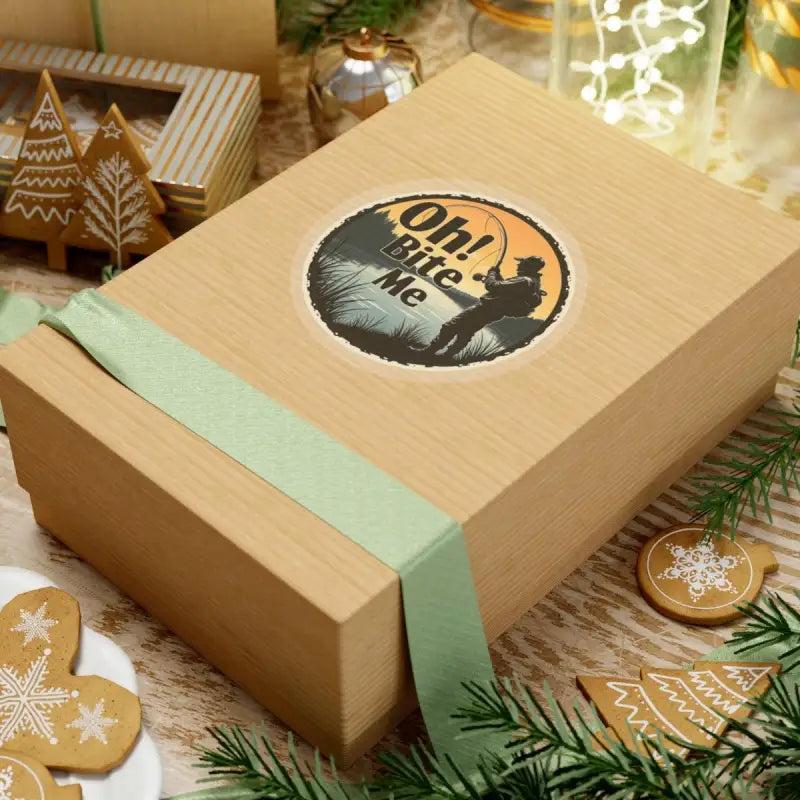 Gift box featuring Oh Bite Me Fishing Sticker durable vinyl decal design